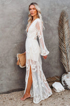 Lace Floral Embroidery Deep V-Neck Bishop Sleeve High Split Sheer Maxi Dress