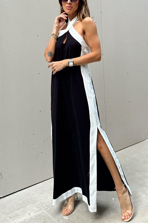 Halter Backless Side Split Color Block Cotton Linen Maxi Dress