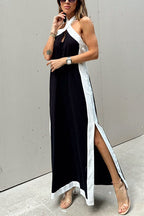 Halter Backless Side Split Color Block Cotton Linen Maxi Dress