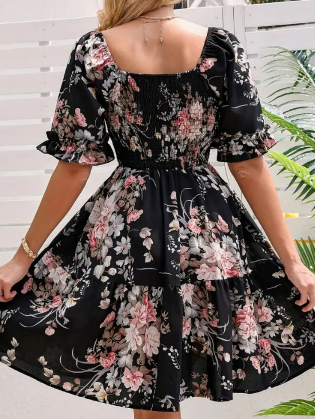 Printed Pleated Square Neck Short Sleeve Mini&Short Dresses