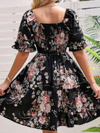 Printed Pleated Square Neck Short Sleeve Mini&Short Dresses
