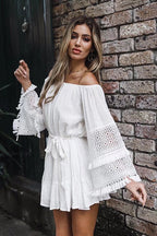 Off-the-Shoulder Bell Sleeve Eyelet Lace Fringe Trim Tie Waist Wrap Mini Dress
