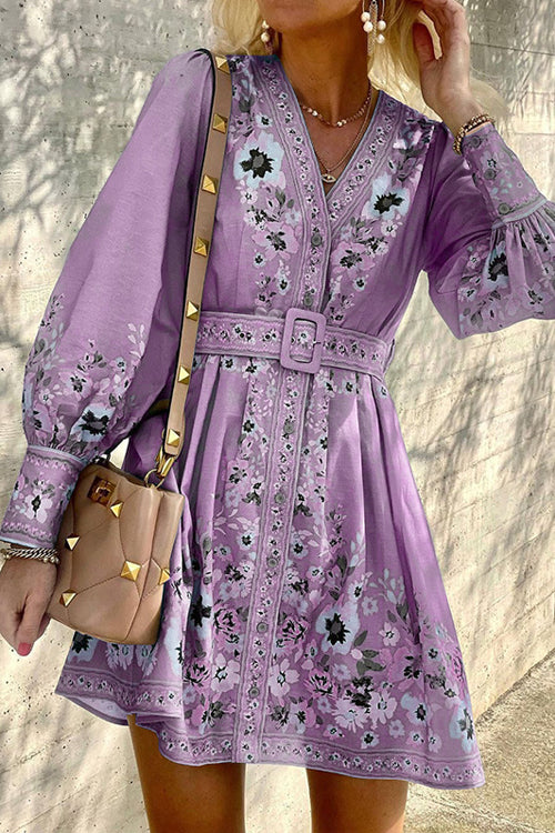 Ornamental Paisley Print Puff Sleeve V-Neck Belted Button-Front Mini Dress