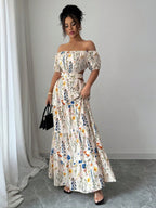 Floral Print Backless And Off-shoulder Long Dress