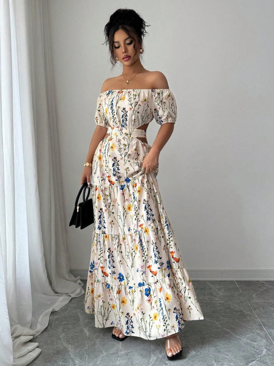 Floral Print Backless And Off-shoulder Long Dress