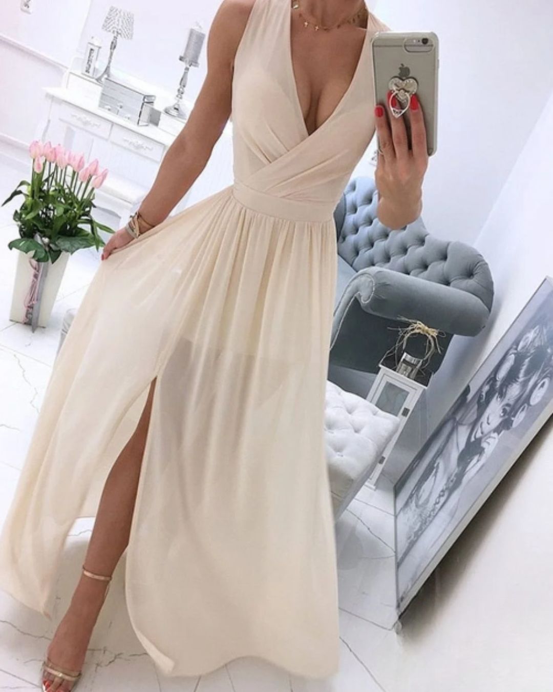 | Sleeveless Beach Dress in Deep V-Neck