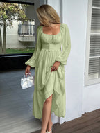 Straps Puff Sleeve U-neck Long Sleeve Maxi Dresses