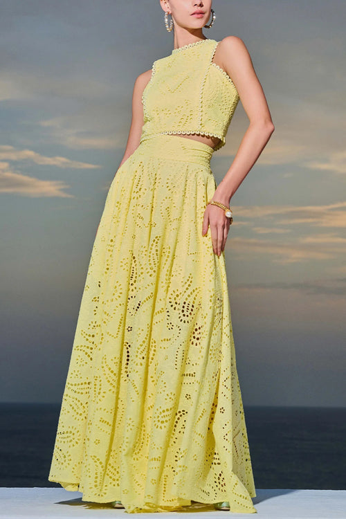 Eyelet Lace Heart Print Scalloped Trim Crop Top Wide Leg Pants Two Piece Set