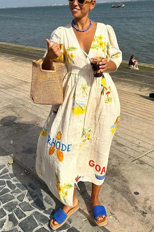 V Neck Button Down Tropic Print Sun-kissed Maxi Holiday Dress