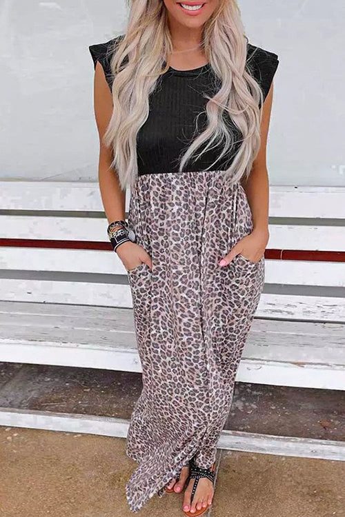 Ruffle Sleeve Leopard Splice Maxi Summer Dress