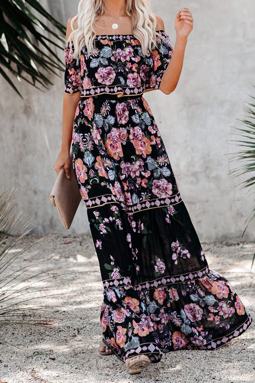 Off Shoulder Ruffle Bardot Tiered Sash Tie Tropical Floral Maxi Dress