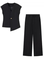 V-neck Buttons Jacket Wide-leg Pants Set Commuting 2-piece Sets