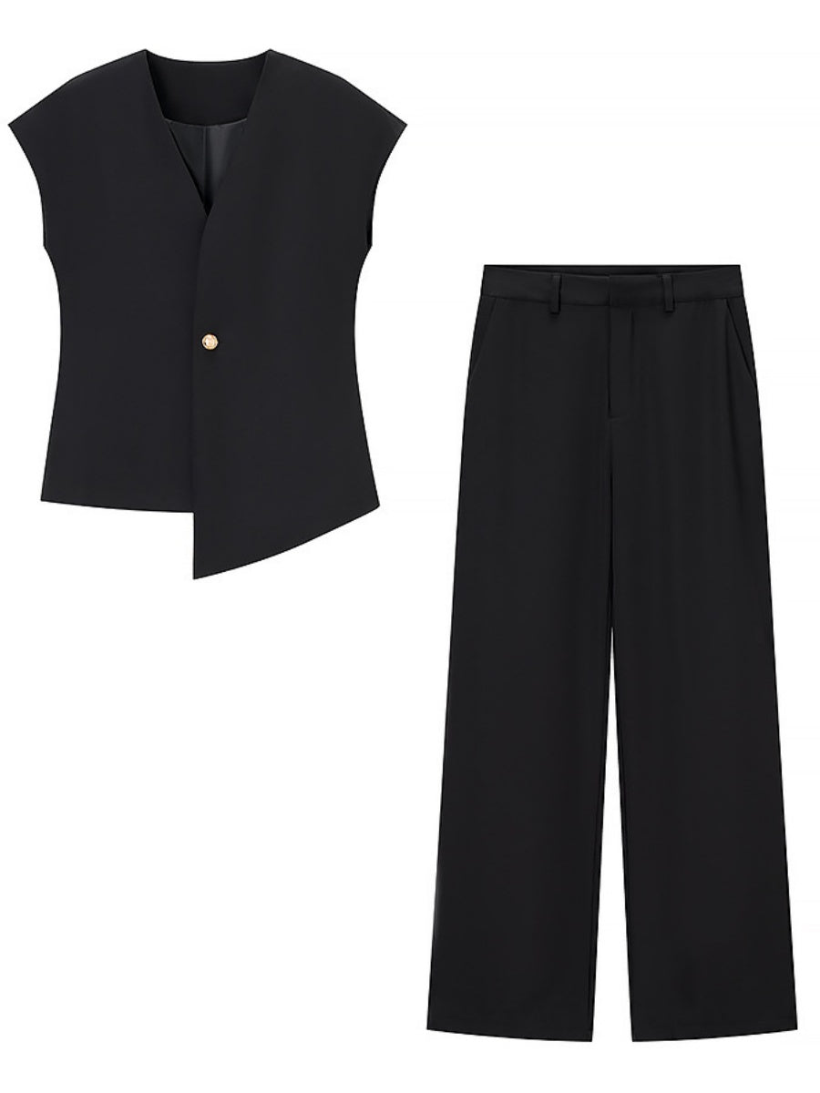 V-neck Buttons Jacket Wide-leg Pants Set Commuting 2-piece Sets