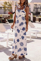 Bow Shoulder Sleeveless Seashell Print Maxi Dress