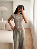 Crew Neck Sleeveless Cardigan Vest Wide-leg Pants Knitting Set 2-piece Sets