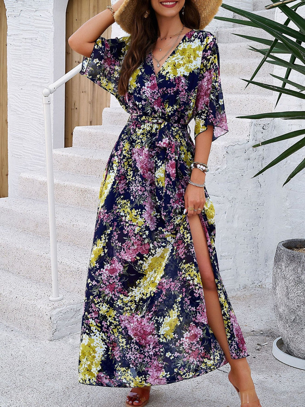 Printed Straps V-neck Short Sleeve Slit Maxi Dresses