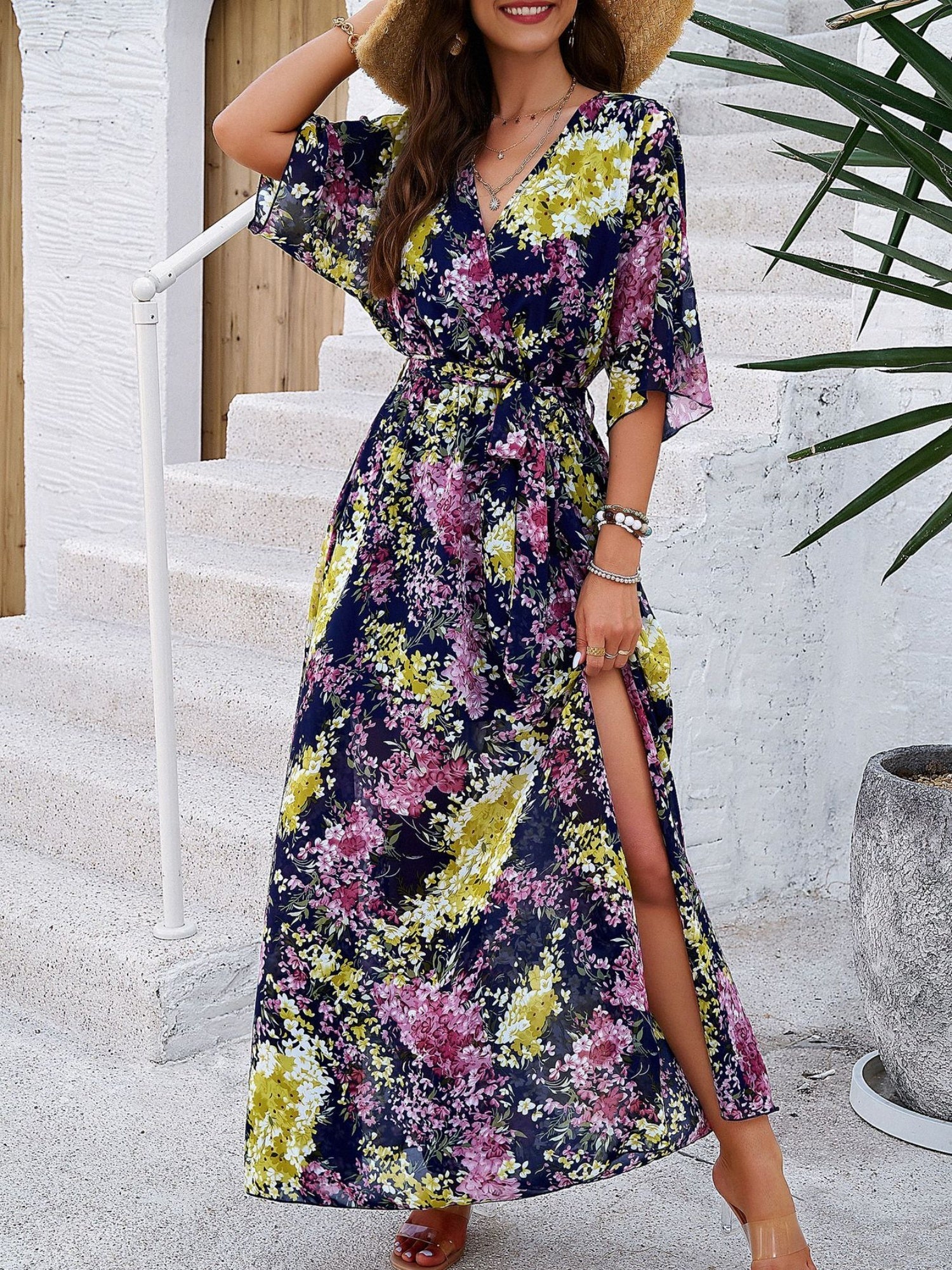 Printed Straps V-neck Short Sleeve Slit Maxi Dresses