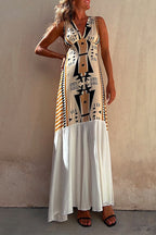 Sleeveless V Neck Printed Splice Maxi Swing Dress