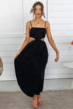 Square Neck Spaghetti Strap Waist Cut Out Gathered Bodice Maxi Dress