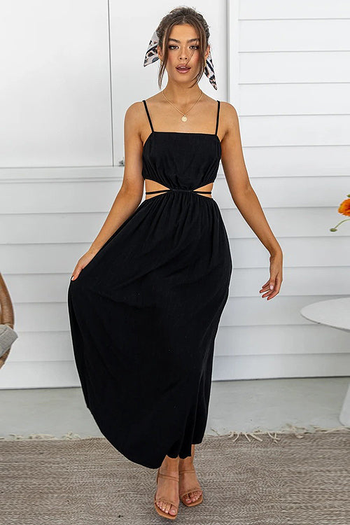 Square Neck Spaghetti Strap Waist Cut Out Gathered Bodice Maxi Dress