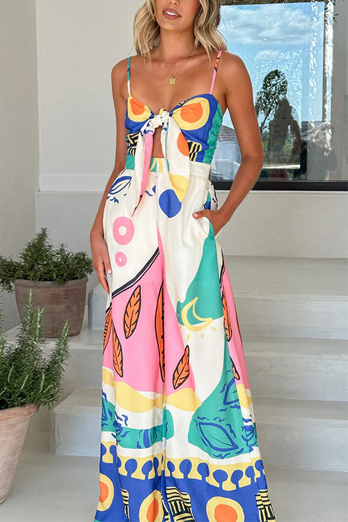 Knot Front Cut Out Pocketed Wide Leg Printed Cami Jumpsuit
