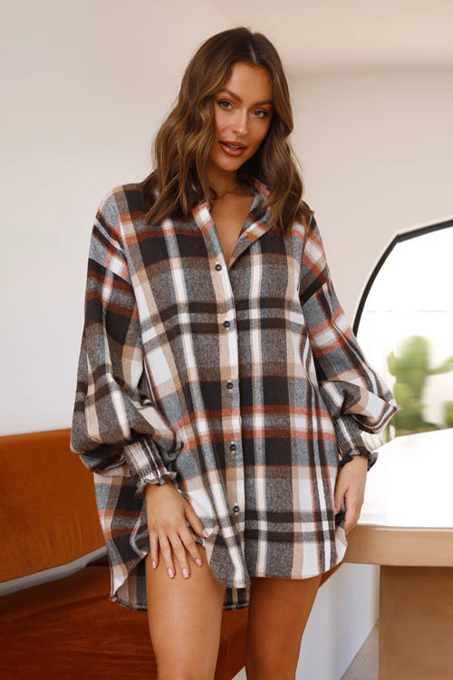 Plaid Oversized Balloon Sleeve Button Front Shirt Mini Dress