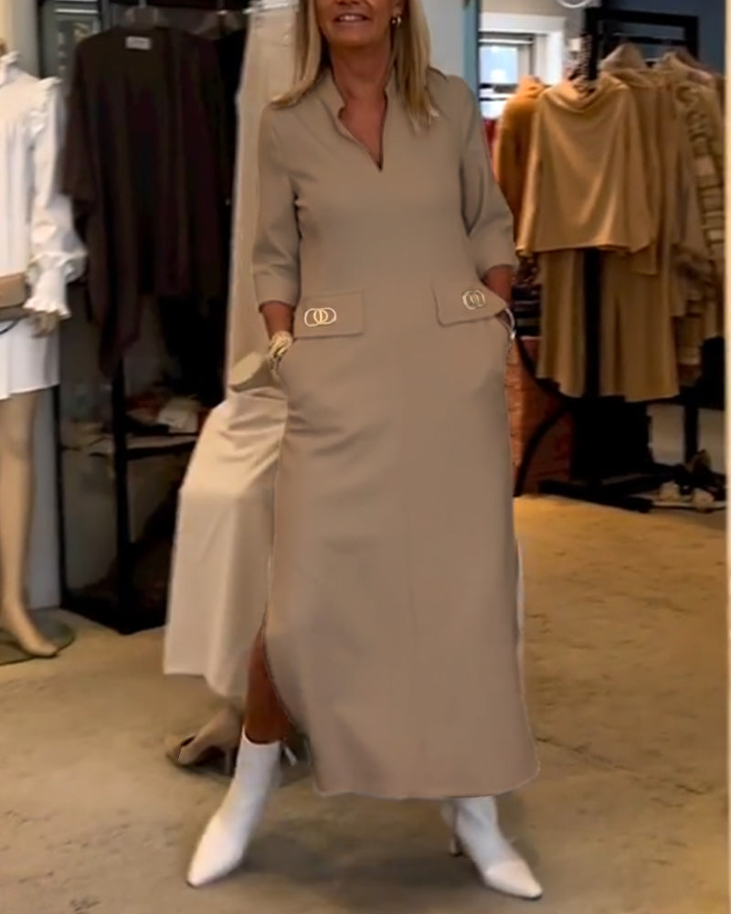 Magaly Timeless Solid Color Slit Dress with 3/4 Sleeves Premium Wardrobe Essential
