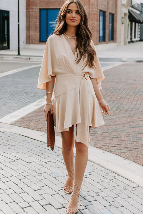 Surplice Wrap Buckle Waist Flutter Sleeve Ruffled Hem Mini Dress