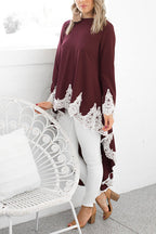 Long Sleeves High Low Hem Lace Trim Blouse Top