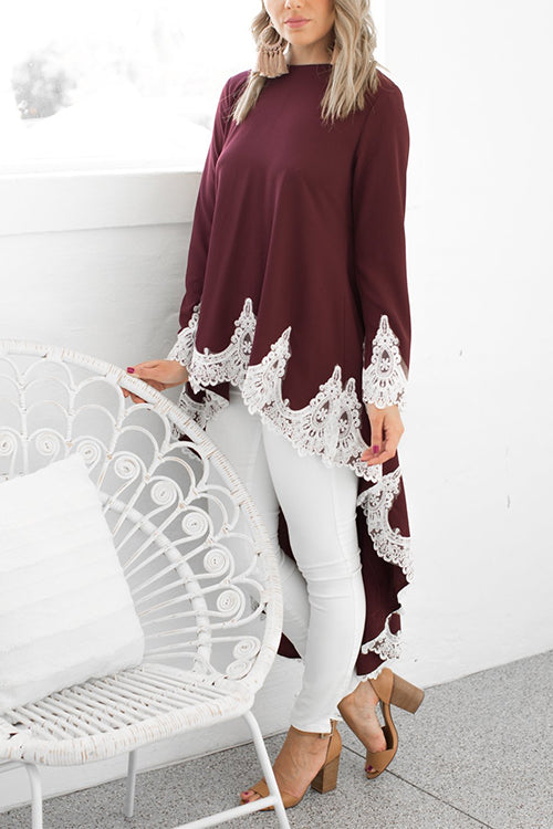 Long Sleeves High Low Hem Lace Trim Blouse Top