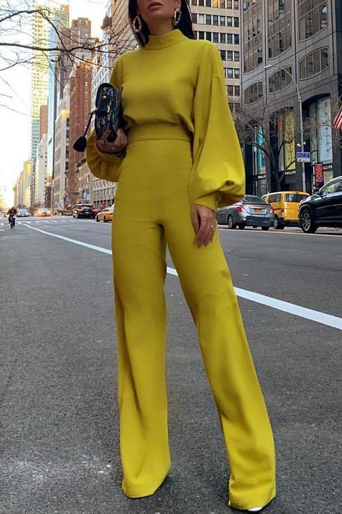 Solid Mockneck Lantern Sleeve Waisted Straight Leg Jumpsuit