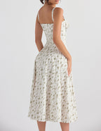 Ditsy Floral Print Sweetheart Corset Front Slit Midi Dress