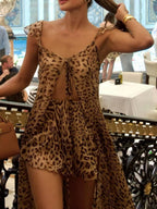 Lace Up Leopard Print Open Dress Shorts Set 2-piece Sets