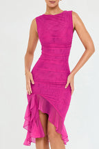 Crew Neck Ruched Mesh Bodycon High Slit Tiered Ruffle Hem Midi Dress