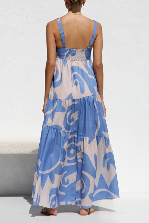Adjustable Strap Waisted Soleil Print Ruffle Maxi Dress