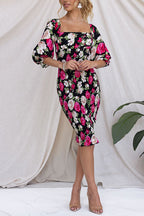 Square Neck Smocked Floral Print Midi Bodycon Dress