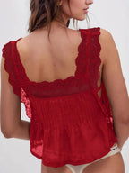 Lace Trim Square Neck Tie Tank Tops&Camis