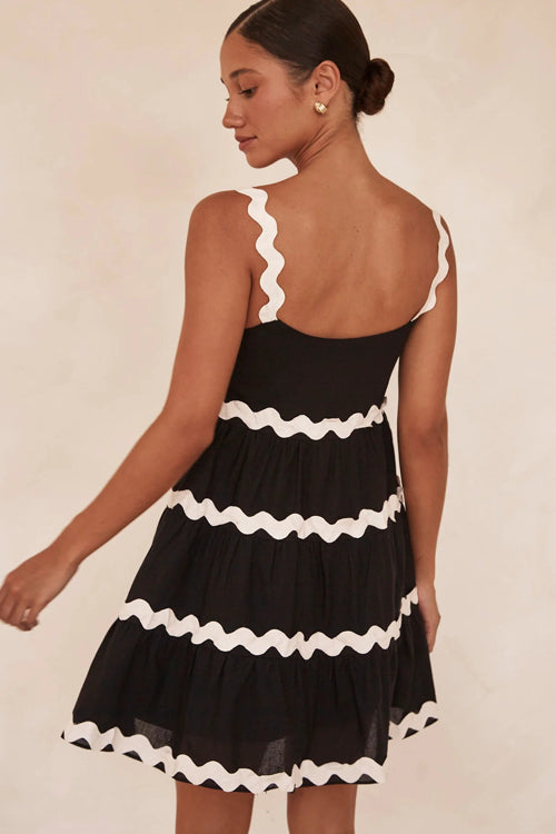 Square Neck Scalloped Ric Rac Trim Tiered Babydoll Mini Dress