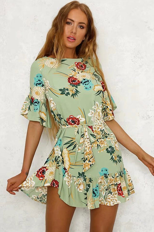 Boat Neck Ruffle Cuff Self Tie Waist Floral Ruffle Hem Mini Dress