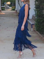 Tassel Sloping Shoulders Asymmetrical Maxi Dresses
