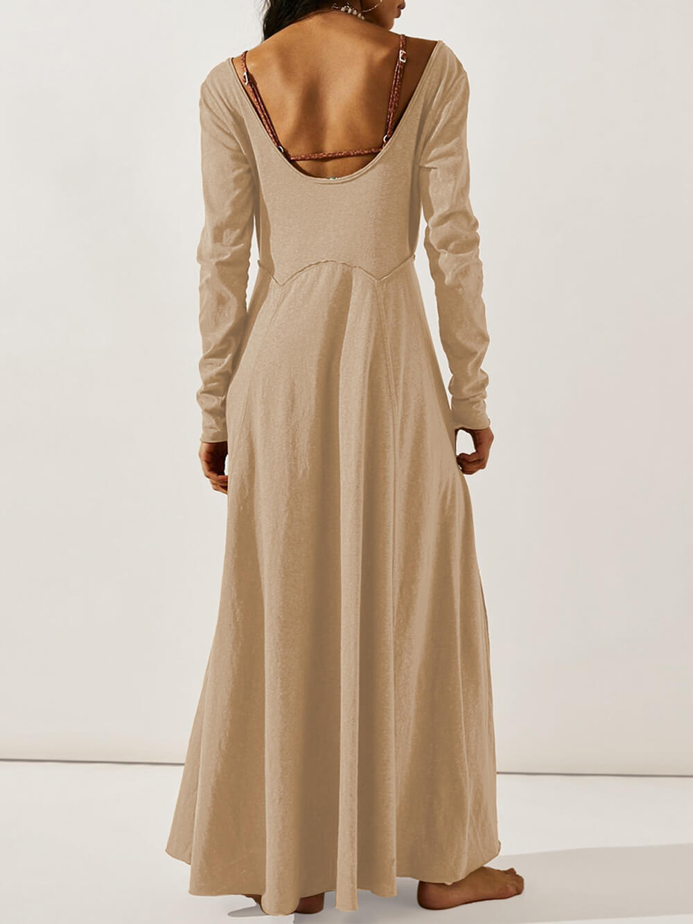 V-Neck Button Front Long Sleeve Side Slit Maxi Dress