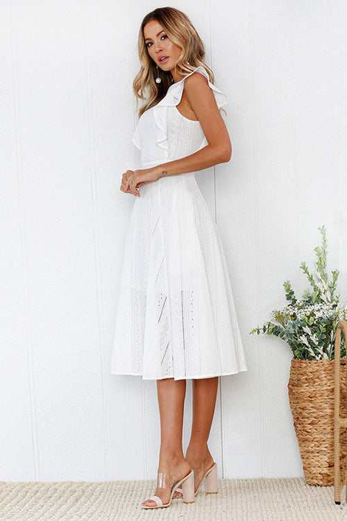 Eyelet Crew Neck Butterfly Ruffle Sleeve A-Line Midi Dress