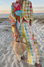 Contrast Print Long Sleeves Blouse Shirt and Pocketed Cargo Pants Set