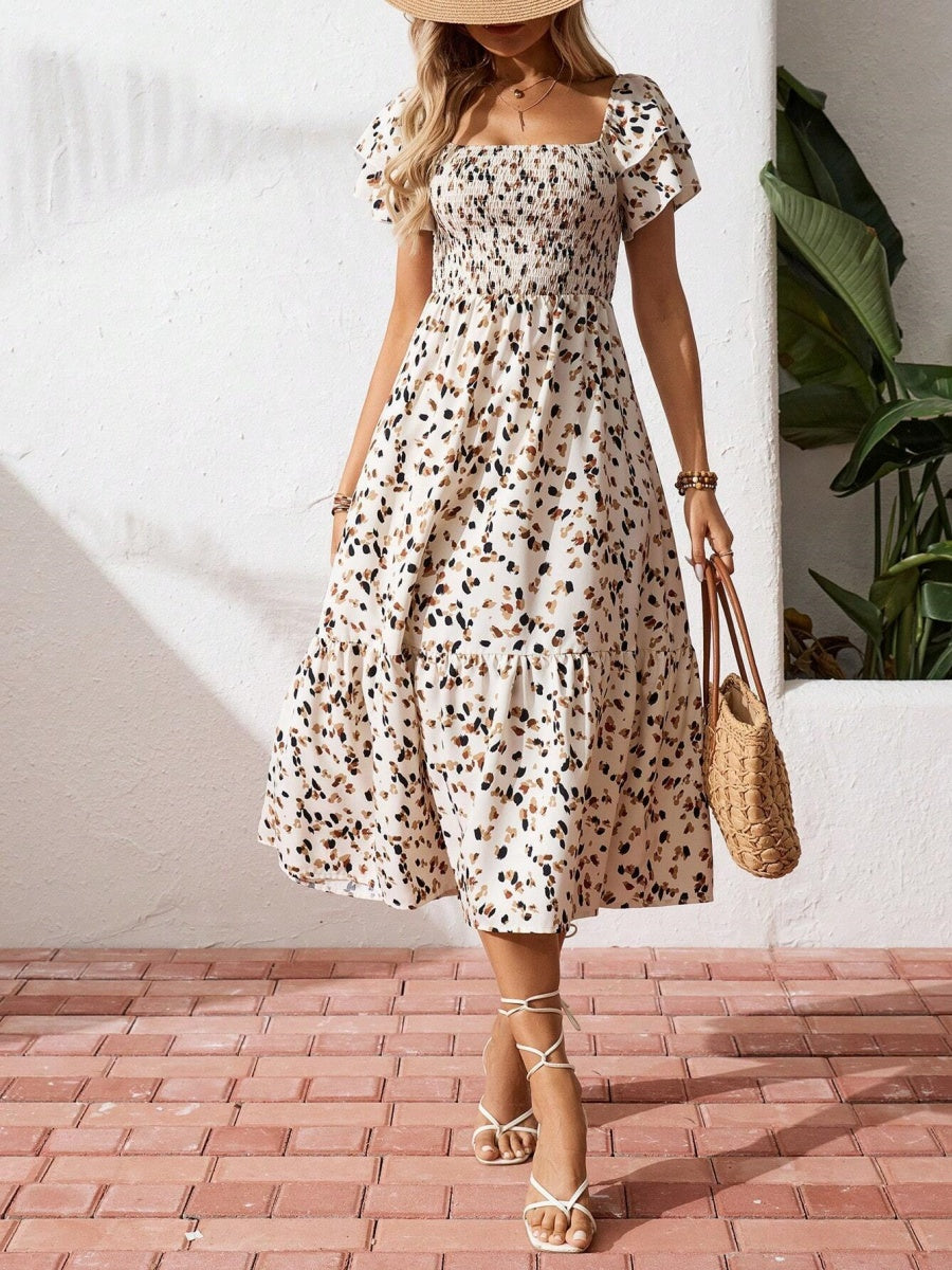 Floral Short Sleeve Square Collar Ruffle Vacation And Leisure Maxi Dresses
