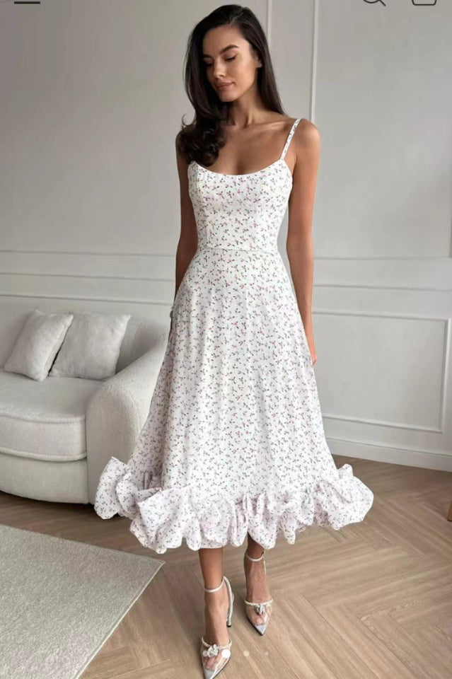 Spaghetti Strap Scoop Neck Flounce Ruffle Hem A-Line Midi Dress