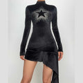 Star pattern beaded irregular long sleeve high neck ruffle mini dress