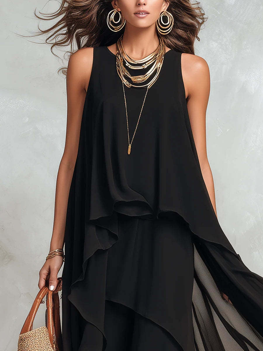 Black Sleeveless Asymmetrical Chiffon Maxi Dress