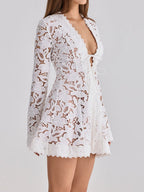 Openwork Lace V-neck Bandage Temperament Smock Mini&Short Dresses