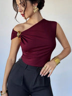 Asymmetrical Off-shoulder Slim-fit Sleeveless T-shirt With Metallic Embellishments