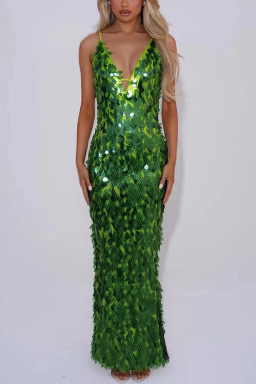 V Neck Cut Out Sequin Bodycon Maxi Cami Party Dress